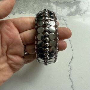 Wood Studded Bangle Bracelet Dark Brown Silver Tone Metal Wide Chunky Cuff NWOT